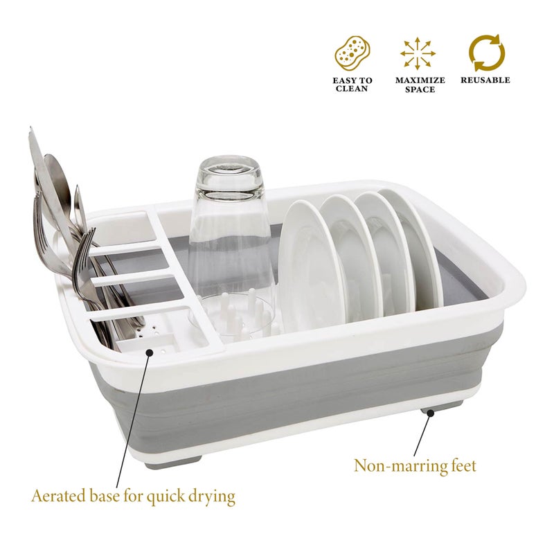 Kitchen Details Collapsible Dish Drying Rack | Space Saver | Aerated Bases Drain Holes | Plates, Bowls, Utensils Compartments | Countertop and Sink Storage | White/Grey - Image 3